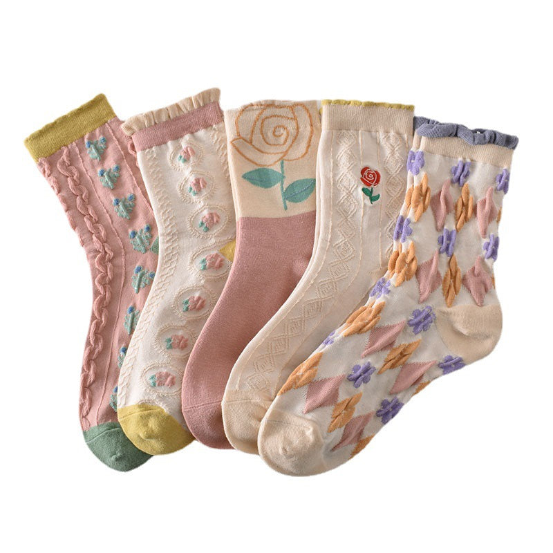 5 paires de chaussettes femme en coton fleuri rose
