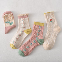 Charger l&#39;image dans la galerie, 5 paires de chaussettes femme en coton fleuri rose