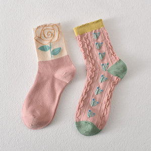 5 paires de chaussettes femme en coton fleuri rose